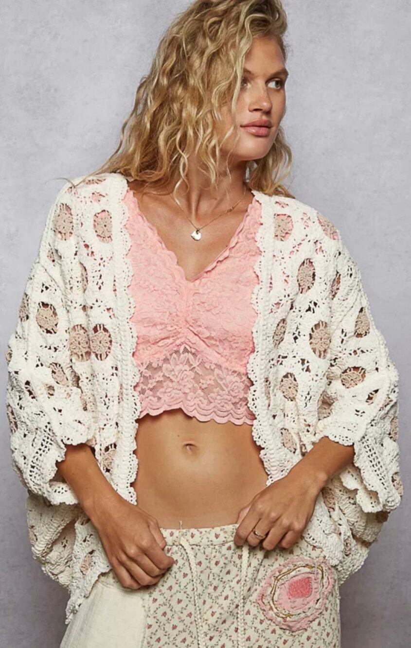 Pol Crochet Chenille Bat Wing Open Front Relaxed Cocoon Cardigan One Size Boho